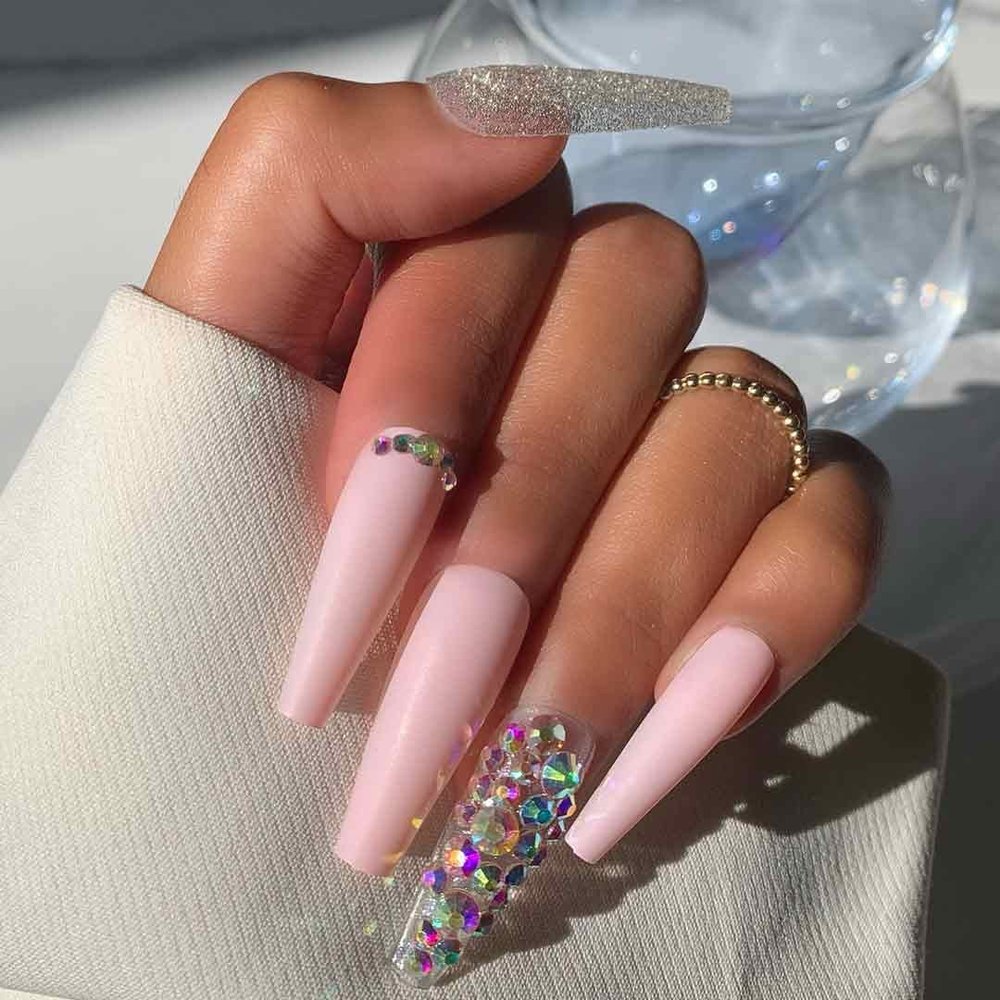 EXTRA AF Press-On Nails by Lavaa Beauty | Extra-Long Coffin | Luxe Chrome Mix Nail Design with Gems