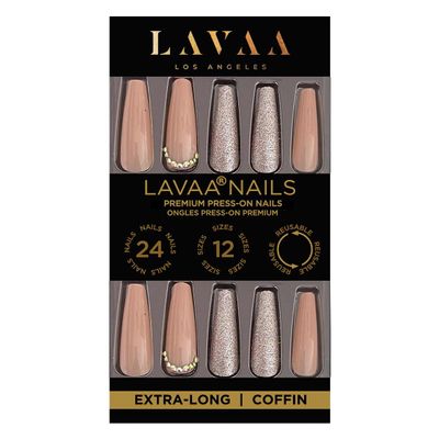 NUDE BABE Press-On Nails by Lavaa Beauty | Extra-Long Coffin | Nude & Silver Coffin Nails with Gems