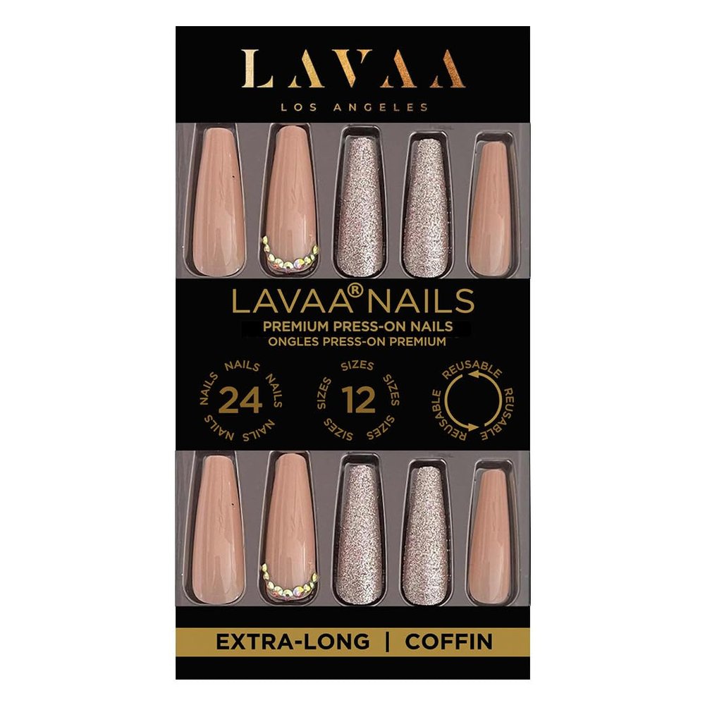 NUDE BABE Press-On Nails by Lavaa Beauty | Extra-Long Coffin | Nude & Silver Coffin Nails with Gems