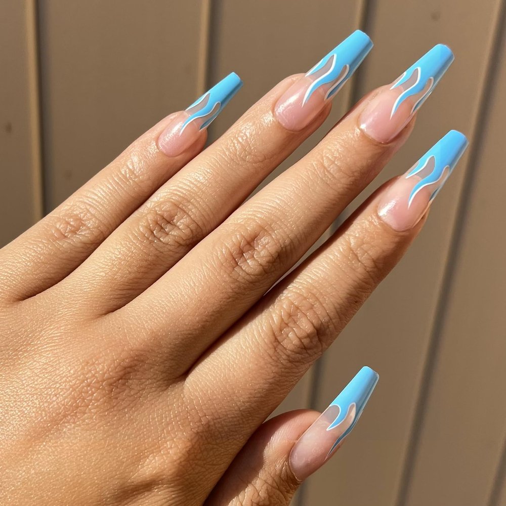 OCEAN FLAME Press-On Nails by Lavaa Beauty | Extra-Long Coffin | Blue Flame Tip Design