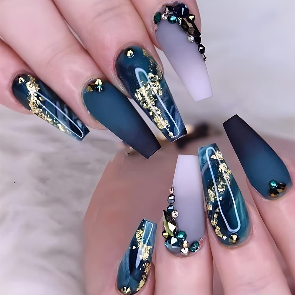 24 Pcs Press on Nails Long Coffin Dark Blue Glossy Fake Nails Purple Gradient Matte Full Cover False Nails with Color Rhinestone and Gold Sequins Designs Extra Long Glue on Nails Acrylic Nails for Wom