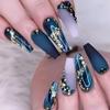 24 Pcs Press on Nails Long Coffin Dark Blue Glossy Fake Nails Purple Gradient Matte Full Cover False Nails with Color Rhinestone and Gold Sequins Designs Extra Long Glue on Nails Acrylic Nails for Wom view 1
