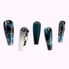 24 Pcs Press on Nails Long Coffin Dark Blue Glossy Fake Nails Purple Gradient Matte Full Cover False Nails with Color Rhinestone and Gold Sequins Designs Extra Long Glue on Nails Acrylic Nails for Wom view 3