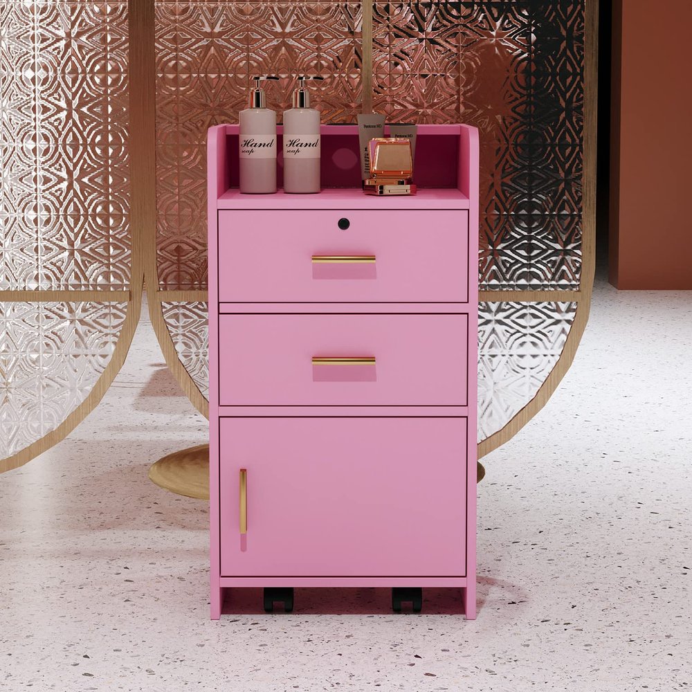 SSLine Modern Salon Station Pink Floor Stand Styling Sation Wood Salon Cabinet for Hair Stylist Barber Shop Classic Beauty Spa Storage Table with Drawers,Cupboard and Tool Insert Holes