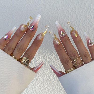 FRUJCDKI Gold foil luxury 3D rhinestone French jewelry decorative fake nails extra rectangular press-on fake nails manicure art tip set for wedding party