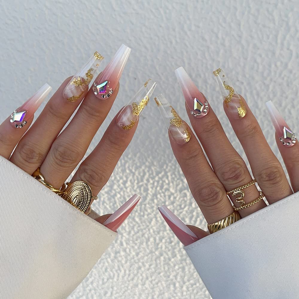 FRUJCDKI Gold foil luxury 3D rhinestone French jewelry decorative fake nails extra rectangular press-on fake nails manicure art tip set for wedding party