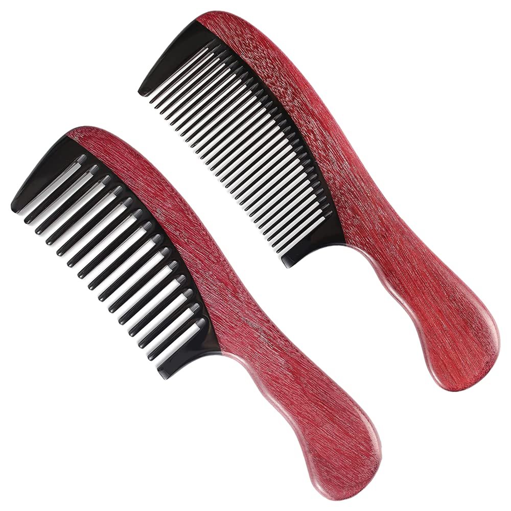 Onedor 100% Handmade Natural Violet Sandalwood With Buffalo Horn Hair Combs - Anti-Static Sandalwood Scent Natural Hair Detangler Wooden Combs (Wide Tooth Fine Tooth Set)