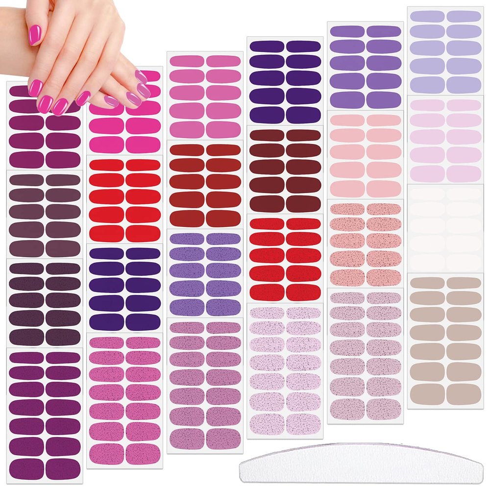 JERCLITY 336 Pieces 24 Sheets Stylish Warm Tones Solid Color Nail Strips With File Self-Adhesive Stickers Full Wraps for Women Girls Nail Art