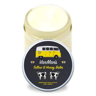 Vanman's Tallow and Honey Balm With No Added Scent - Beef Tallow Face Moisturizer with Grass-Fed/Finished Beef Tallow for Skin, Organic Raw Honey and Beeswax, Cold Pressed Olive Oil - 2 oz