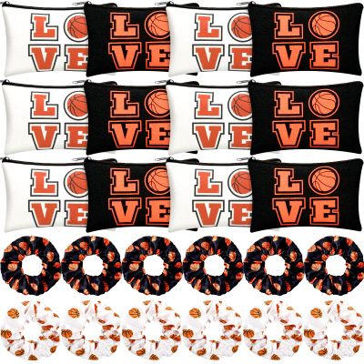 24 Basketball Stuff Set Cosmetic Bags Sport Makeup Bags Pencil Case Portable Storage Case Satin Sport Hair Scrunchies Elastic Hair Bands Basketball Gifts Basketball Accessories for Girl (Black, White)