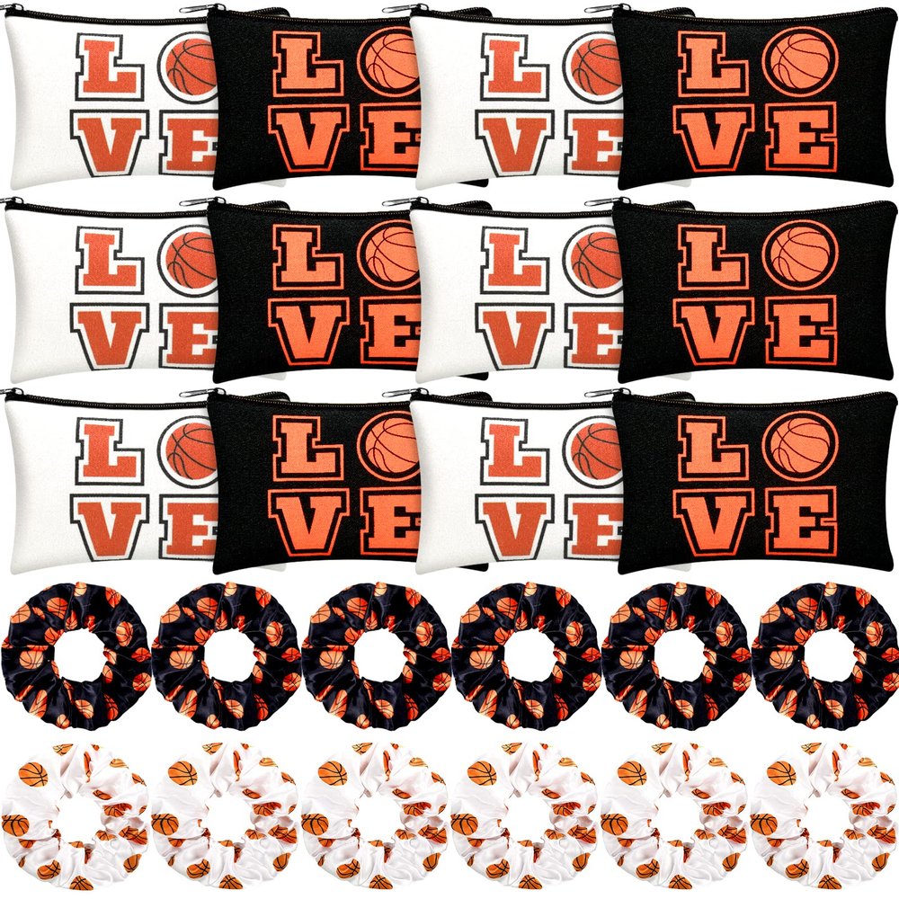 24 Basketball Stuff Set Cosmetic Bags Sport Makeup Bags Pencil Case Portable Storage Case Satin Sport Hair Scrunchies Elastic Hair Bands Basketball Gifts Basketball Accessories for Girl (Black, White)