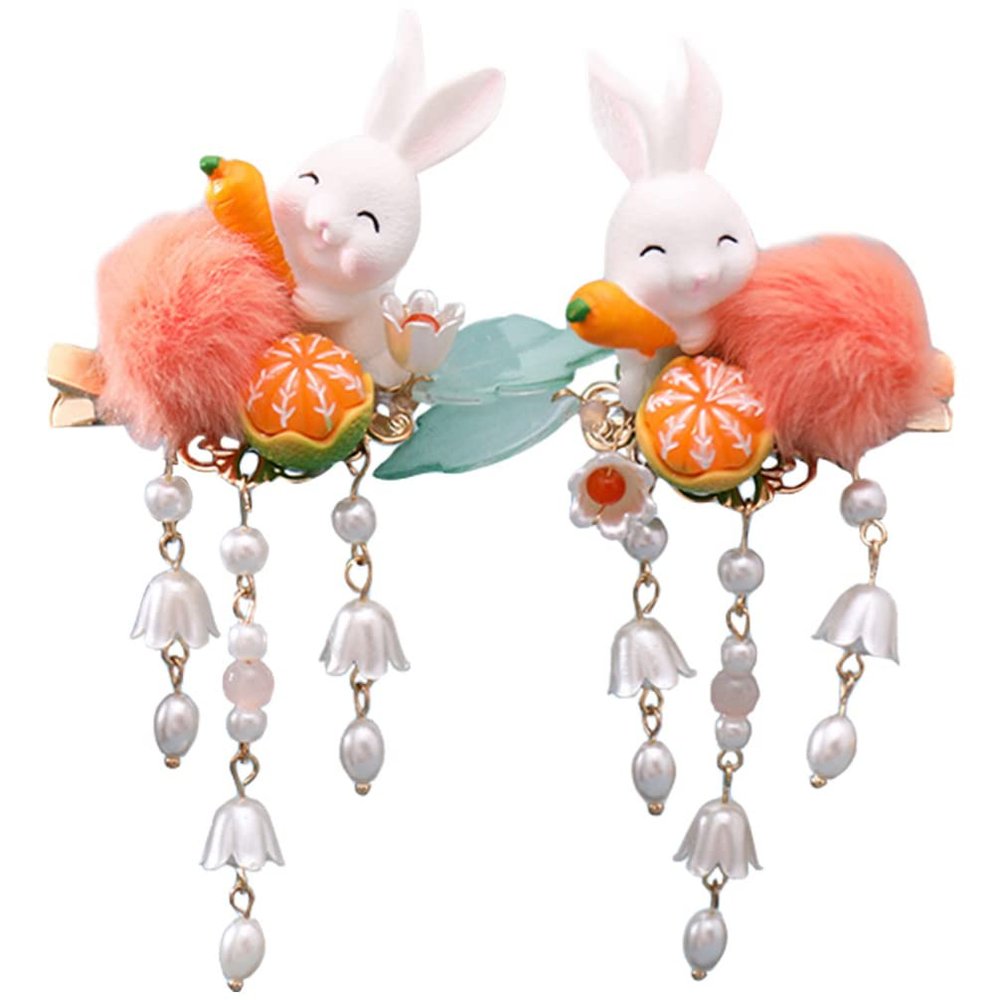 2Pcs Bunny Hair Clips Plush Ball Hair Barrettes Tassel Easter Chinese Hair Accessories for Women Girls