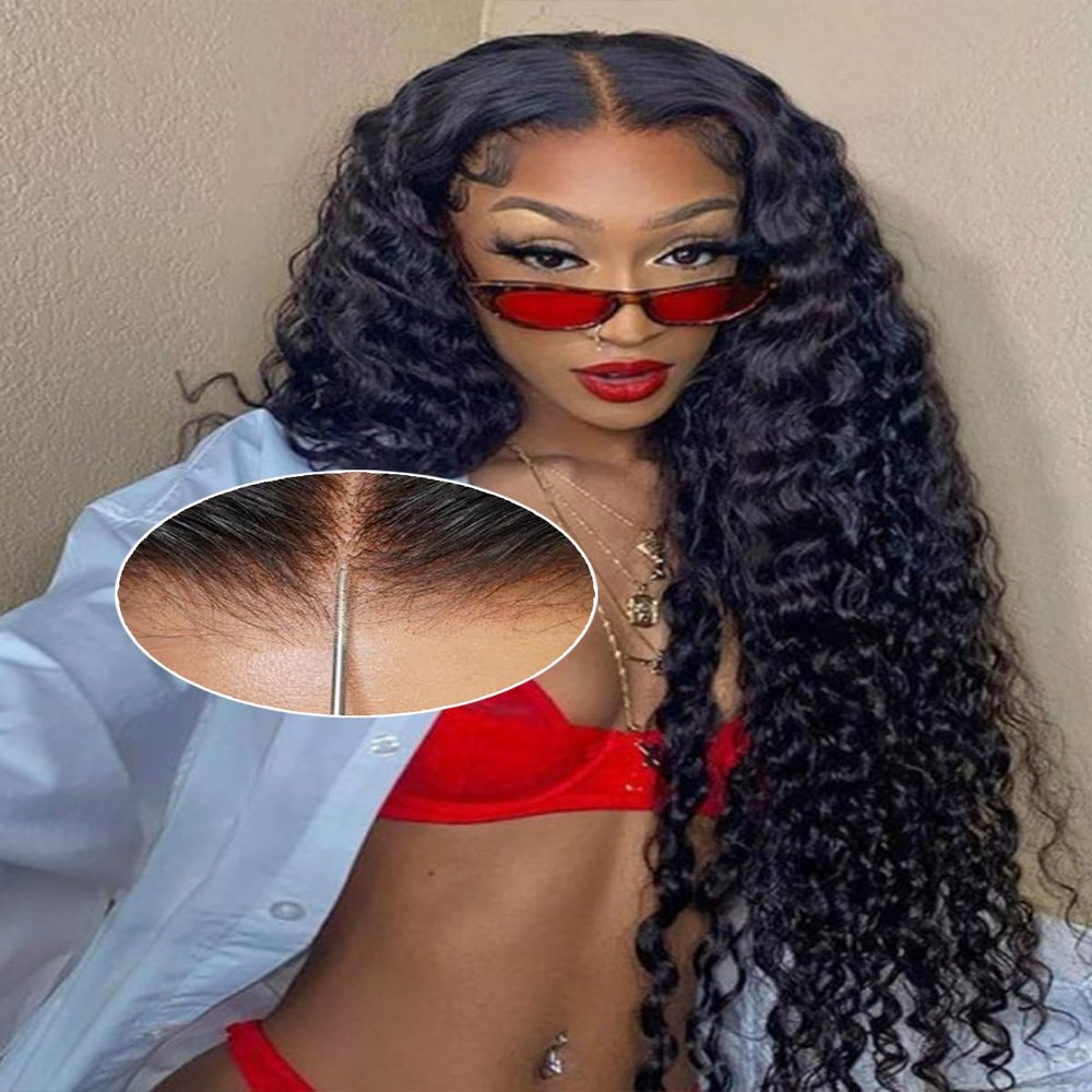 28 Inch Glueless Wigs Human Hair Pre bleached Knots Wear and Go Deep Wave 7X5 No Glue HD Lace Wig, Glueless Wig Pre Plucked, 15 Seconds Wear Complete Lace Pre Cut Wig Natural black 200% Density