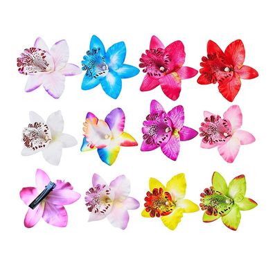 12PCS Bohemian Flower Hairpin Colourful Hawaiian Flowers Orchid Flower Crocodile Hair Clips for Lady Women Girls Bridal Wedding Party Beach Hair Style Accessories