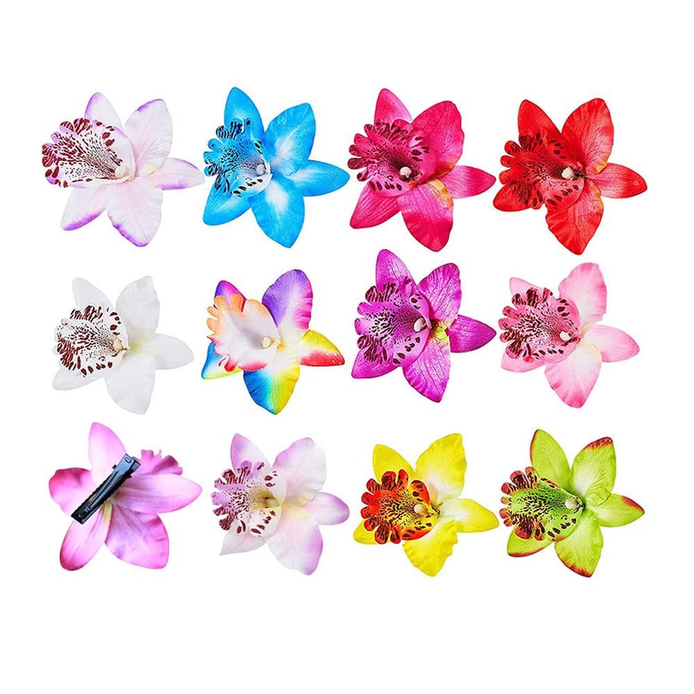 12PCS Bohemian Flower Hairpin Colourful Hawaiian Flowers Orchid Flower Crocodile Hair Clips for Lady Women Girls Bridal Wedding Party Beach Hair Style Accessories