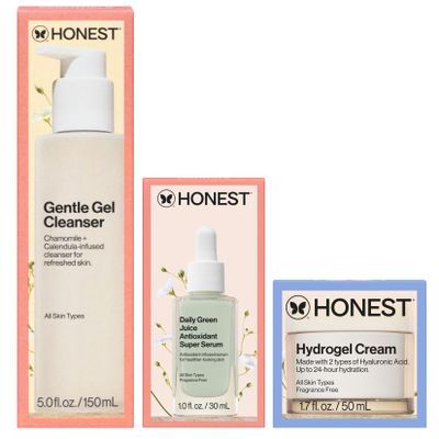 Honest Beauty Everyday Moisturizing Trio | Gentle Gel Cleanser, Green Juice Antioxidant Serum, Hydrogel Cream | 3-Step Routine | Vegan + Gentle for Sensitive Skin
