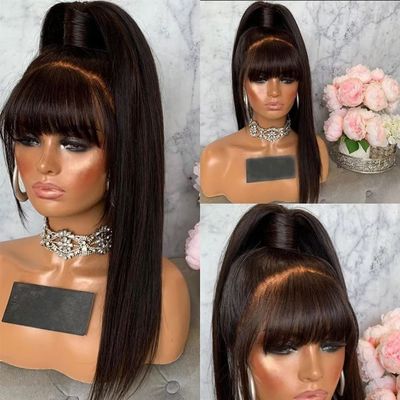 Imeya Silky Straight 100% Unprocessed Brazilian Virgin Human Hair Wigs with Bangs 150% Density None Lace Front Wigs Glueless Full Machine Made Wigs for Black Women Natural Color (14inch)