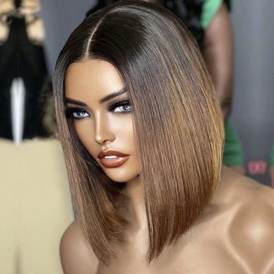 #1b Brown Colored Ombre Short Bob Pixie Cut Wigs For Women Straight Human Hair Wig HD Transparent Lace Front Wig Bob Wig Brazilian Remy Hair Bleached Knots 150% Density 16Inch