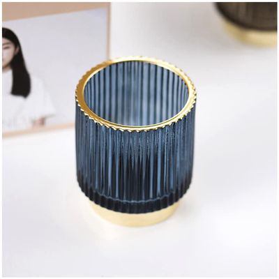 EMPO Vintage Makeup Brush Storage Glass Holder Organizer, Desktop Cosmetic Brushes Box, Eyeliners Eyebrow Pencil Luxury Golden Edge Stripe Vase Cup Tube for Office Classroom Bathroom