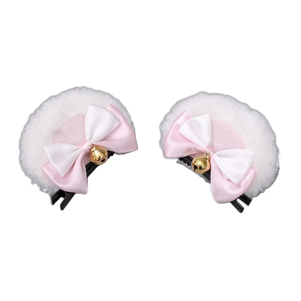 1 Pair Handmade Bear-Ear Hair Clip Plush Bear Ears Hair Barrettes Faux Fur Bow Bear Ears Hairpins Sweet Bowknot Hairpins Cute Barrette Cosplay Props Hair Accessories, White Ear Pink Bow