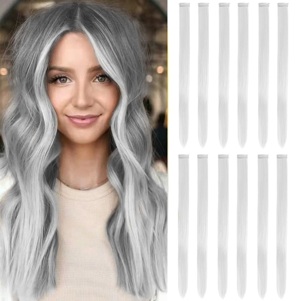 12 Pcs Colored Clip In Hair Extensions Sliver Gray hair 20 Inches Straight Hair Clip In Synthetic Hair Extensions For Women Girls Kids Gift Synthetic Hairpieces Can Be Hot Water Curl (12,Silver Gray)