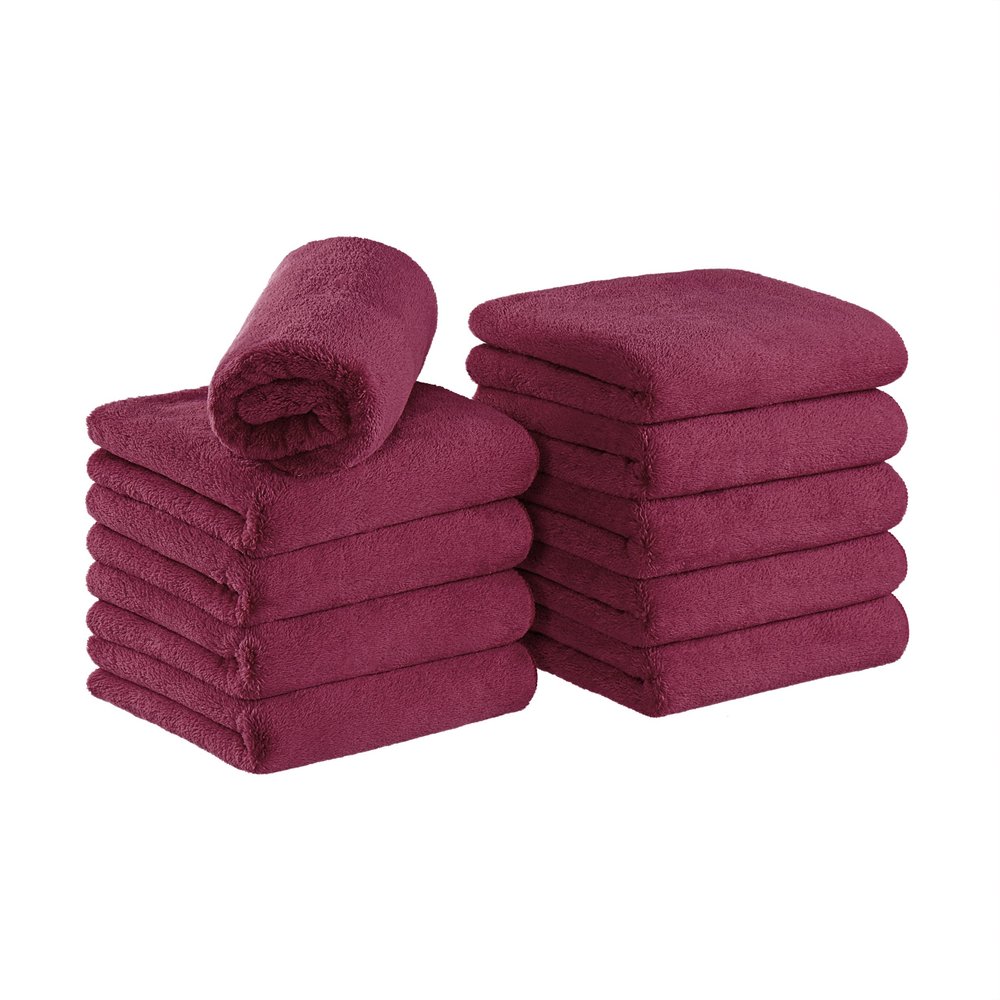 Arkwright Microfiber Coral Fleece Salon Towels - Pack of 10 - Bleach Safe Resistant, Absorbent Hair Drying Towel Set, Perfect for Resort, Hotel, and Spa, 16 x 27 in, Burgundy