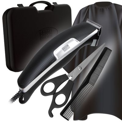 ChargeWorx Groom Essentials 26-Piece Pro Series Clipper Set, Complete Barber Kit, AC-Powered Hair Clipper with Quiet Motor, Includes 14 Trimming Guides, Neck Brush, Combs, Barber Cape, and Case