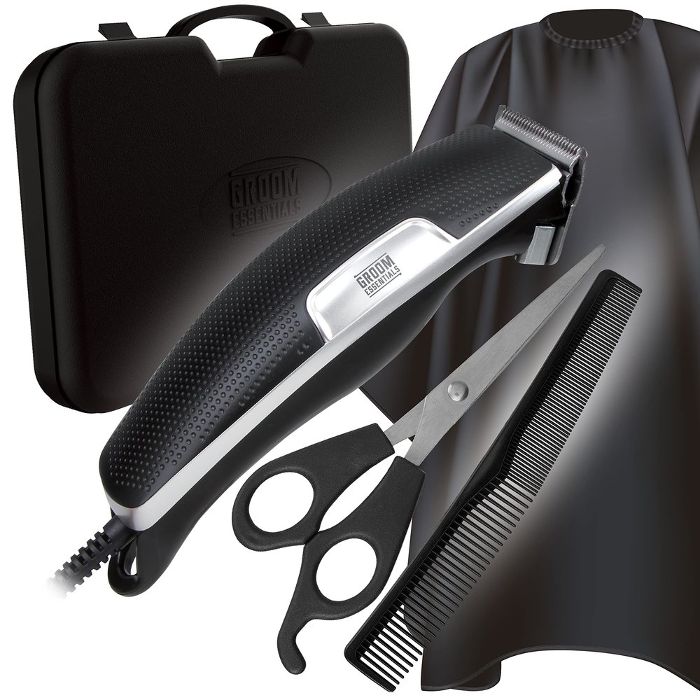 ChargeWorx Groom Essentials 26-Piece Pro Series Clipper Set, Complete Barber Kit, AC-Powered Hair Clipper with Quiet Motor, Includes 14 Trimming Guides, Neck Brush, Combs, Barber Cape, and Case