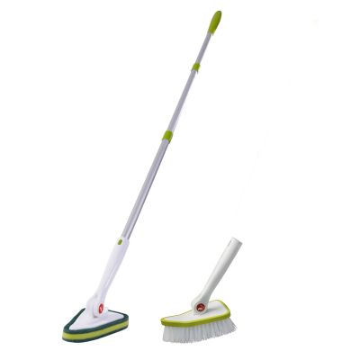 48'' Extendable Long Handle Scrub Cleaning Brush - Floor Scrubber with 1 Stiff Bristles & 1 Sponge Brush, Adjustable Lightweigh Detachable Kitchen Brush for Baseboard Shower Bathroom Bathtub Tile