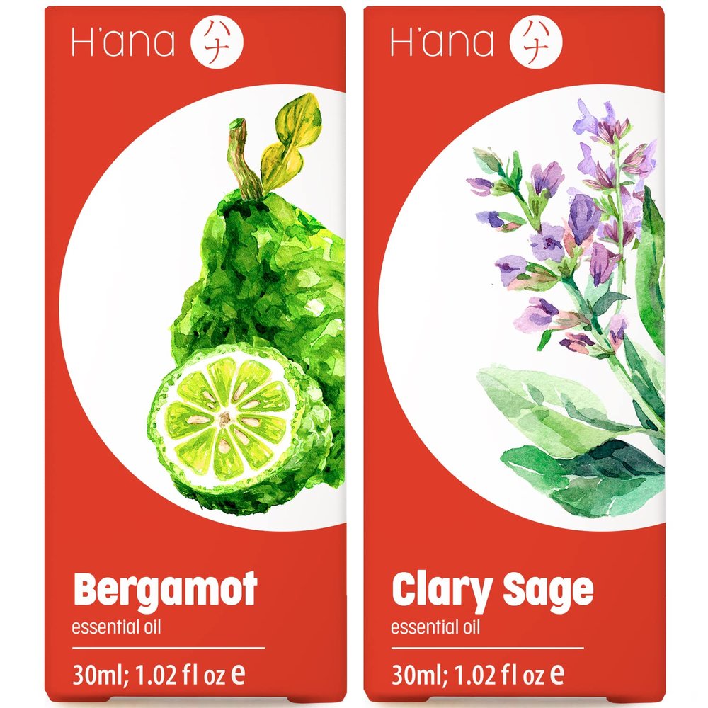 Bergamot Oil for Hair & Sage Oil for Skin Set - Aromatherapy Grade Essential Oils Set - 2x1 fl oz - H'ana