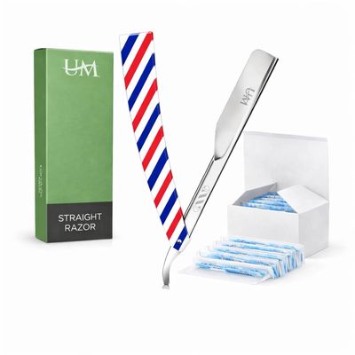 UM Supplies Straight Razors for Men  Professional Barber Straight Edge Razor Kit with 10 Replaceable Insert Single Edge Blades - Navajas Para Barbero Barber Pole Design (Red, White, Blue)
