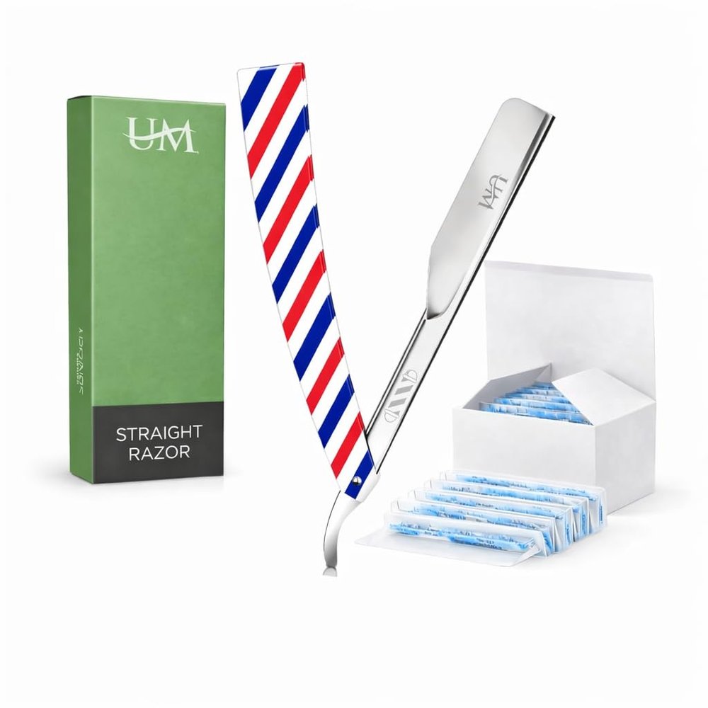 UM Supplies Straight Razors for Men Professional Barber Straight Edge Razor Kit with 10 Replaceable Insert Single Edge Blades - Navajas Para Barbero Barber Pole Design (Red, White, Blue)