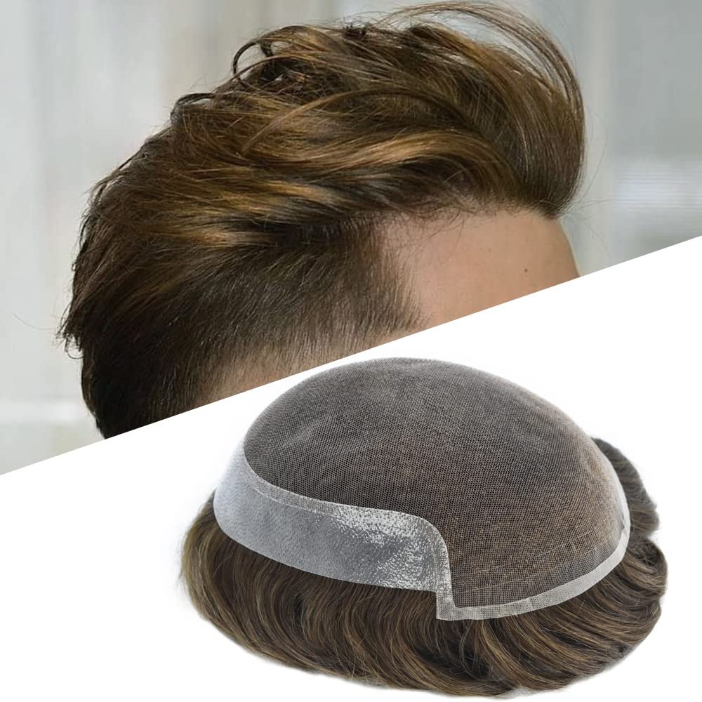 Toupee For Men Hair Piece For Men Swiss Lace Front Mens Toupee Natural Hairline Remy Human Hair Replacement System (8x10''-100% Light to medium Density, 5# Medium Light Brown)