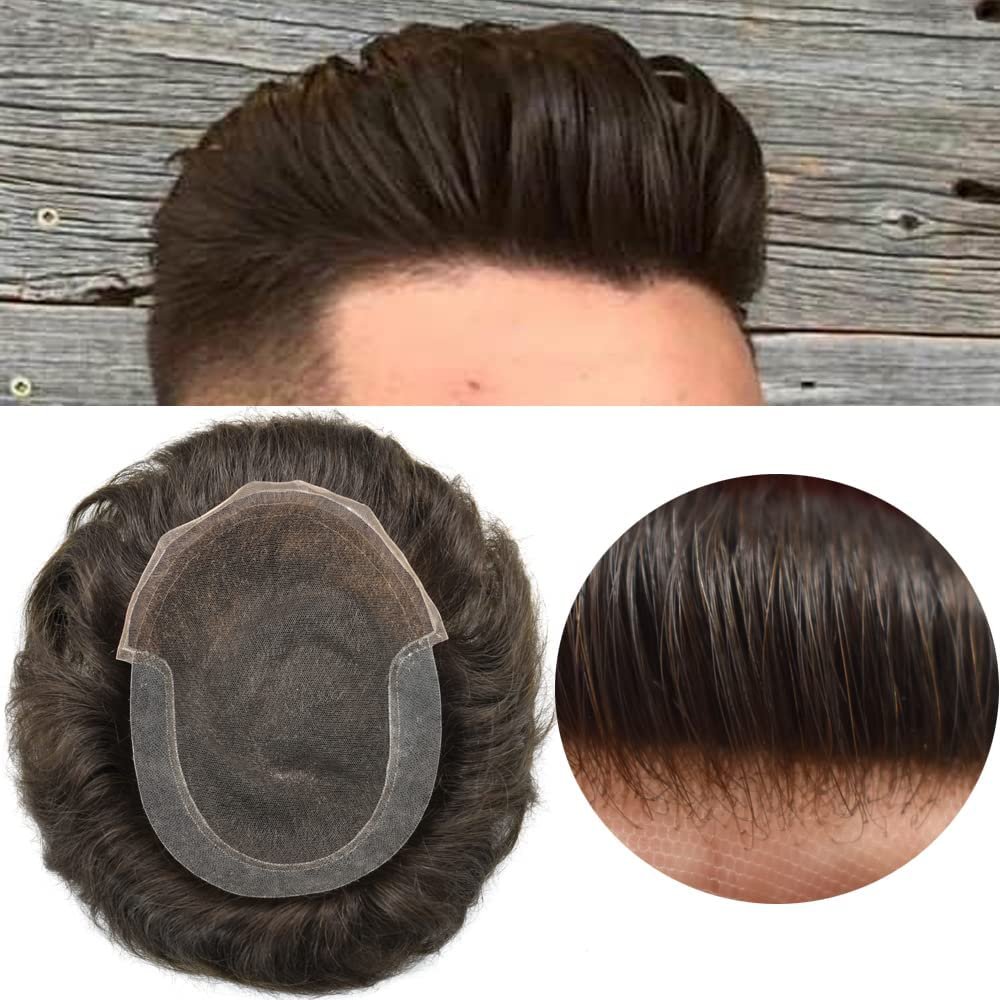 Toupee For Men Hair Piece For Men Swiss Lace Front Mens Toupee Natural Hairline Remy Human Hair Replacement System (8x10''-100% Light to medium Density, 210# Darkest Brown with 10% Synthetic Grey)