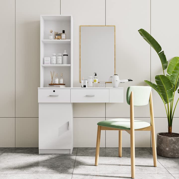 Holaki Barber Salon Station Wall Mount Hair Styling Salon Equipment Set Beauty Spa Furniture Set,Barber Table,Floating Vanity Makeup Table with Two Drawers,a Cabinet & Multi-Layer Storage(White)