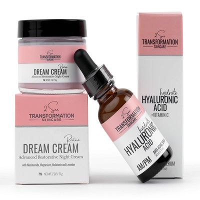 Anti-Aging Skin Care Set with AM Serum and PM Night Cream - Vitamin C Serum for Face, Hyaluronic Acid Serum for Face, Niacinamide, Peptides, Magnesium Cream for Rest and Restore