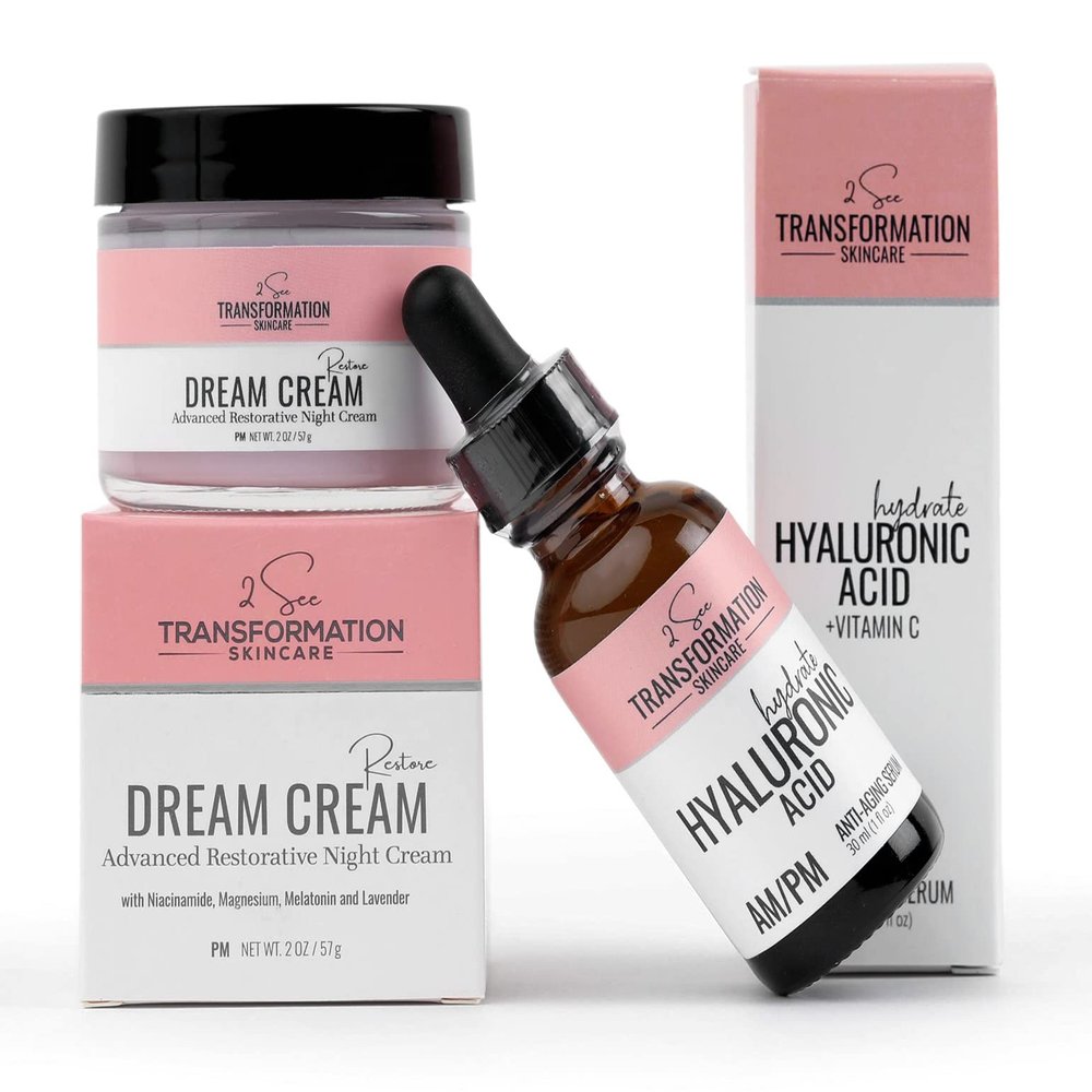 Anti-Aging Skin Care Set with AM Serum and PM Night Cream - Vitamin C Serum for Face, Hyaluronic Acid Serum for Face, Niacinamide, Peptides, Magnesium Cream for Rest and Restore