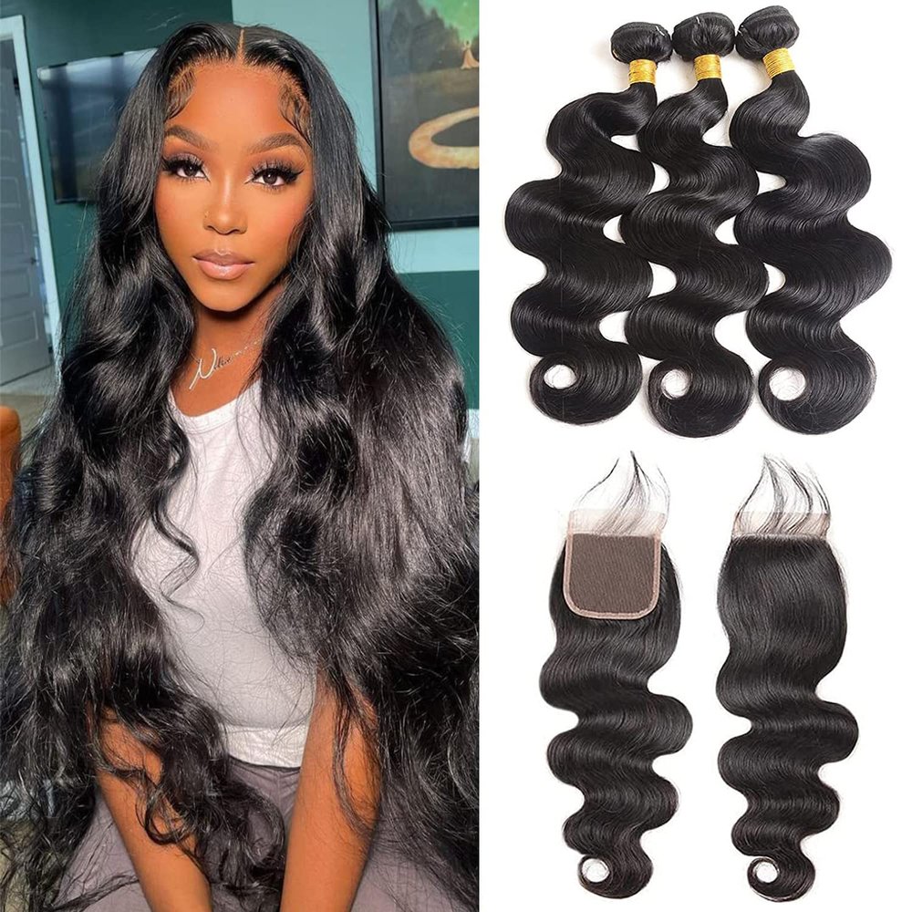 10A Brazilian Body Wave Bundles with Closure Human Hair (22 24 26+20) 3 Bundles with Closure HD Lace 4x4 Free Part 100% Unprocessed Virgin Remy Weave Hair Human Hair Bundles with Closure