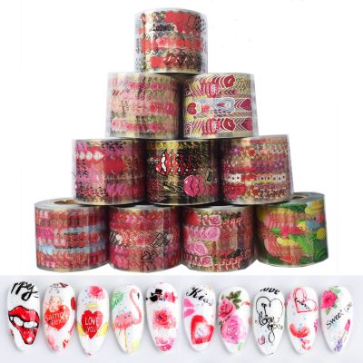 10 Rolls Flowers Love Heart Nail Foil Transfer Sheets Sticker Kit,50m4cm Valentine's Day Nail Art Stickers Supplies Red Pink Heart Rose Kiss Lip Flamingo Designer Nail Foils for Women DIY Nail Decor