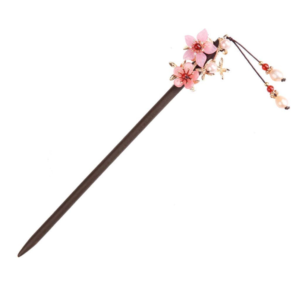 LIBERGA Wooden Hair Stick Pink Flower Hair Chopsticks for Women Hair Accessories,Faux Pearl Tassel Chopsticks Hairpin for Long Hair