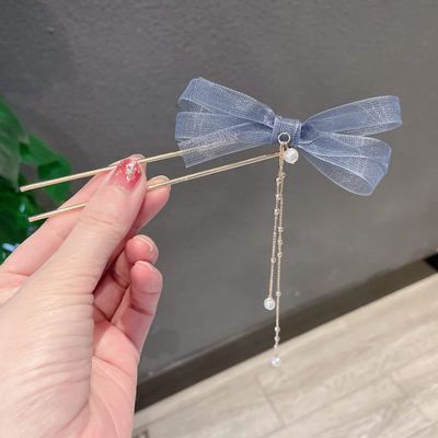 LIBERGA 2 Pieces U Shape Hair Sticks for Long Hair,Tassel Pearl Pendant Bow Hair Chopsticks Clips,Women's Hair Accessory Hairpin for Buns,Blue