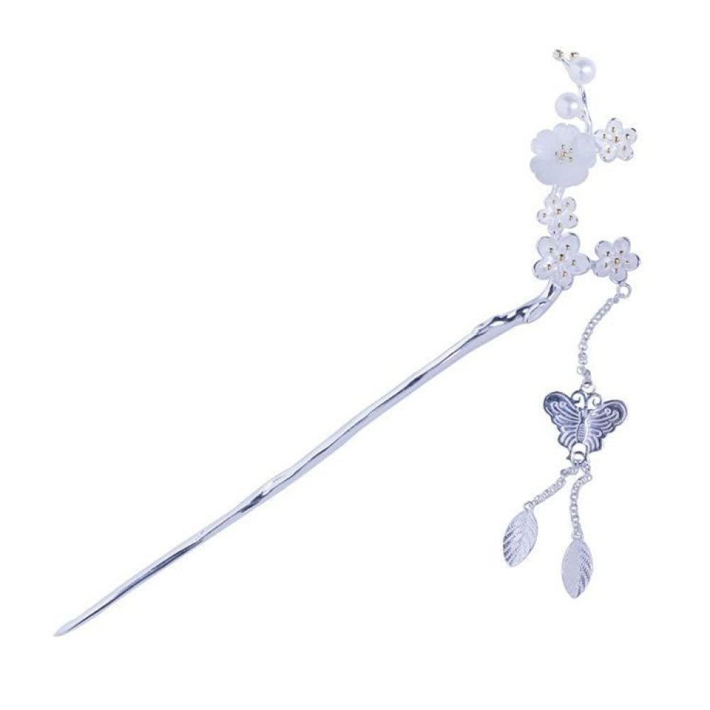 LIBERGA Women's Hair Stick for Long Hair,Silver Plated Plum Blossom Hair Chopsticks Butterfly Tassel Hair Accessory Hairpin for Buns