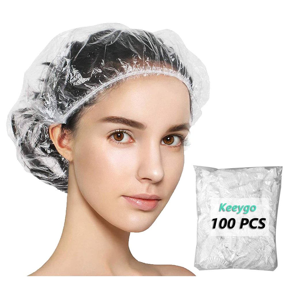 Keeygo Disposable Shower Caps 100 PCS Bath Caps Clear Waterproof Plastic Wraps for Women, Hotel Travel Essentials Accessories Hair Caps(20.5")
