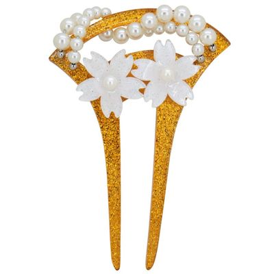 LIBERGA U Shape Hair Fork Clips for Women,Pearl Flower Hair Stick Barrettes Acrylic Double Tooth Hair Accessory Hair Pin for Buns,Gold