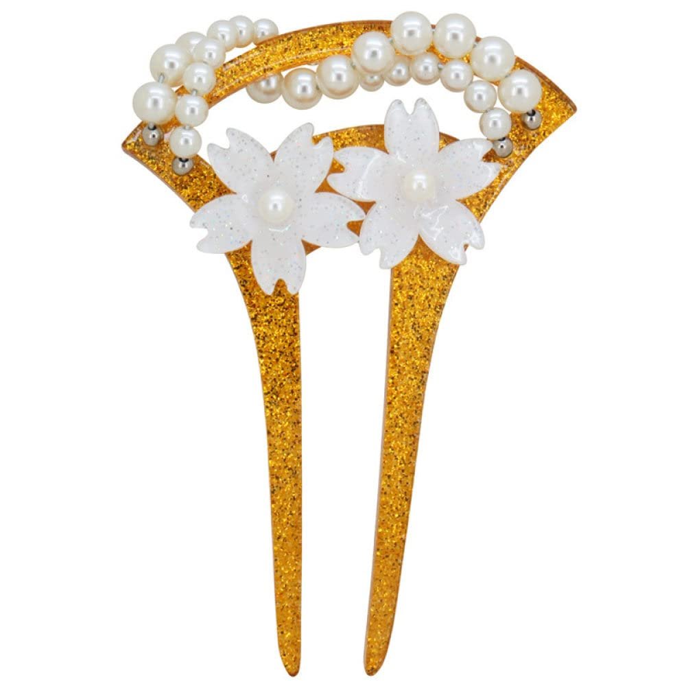 LIBERGA U Shape Hair Fork Clips for Women,Pearl Flower Hair Stick Barrettes Acrylic Double Tooth Hair Accessory Hair Pin for Buns,Gold