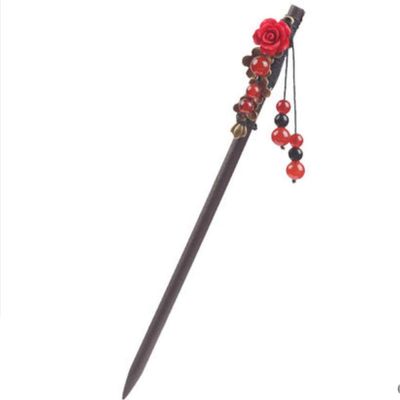 LIBERGA Wooden Hair Stick Imitation Crystal Beads Tassel Hair Chopsticks for Women,Chinese Vintage Red Flower Chopsticks Hairpin Hair Accessory for Long Hair