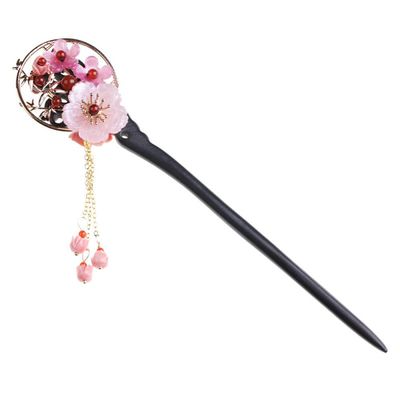 LIBERGA Wooden Hair Stick with Gift Box,Handmade Carved Hair Chopsticks for Women Hair Accessories,Pink Flower Tassel Chain Chopsticks Hairpin for Buns