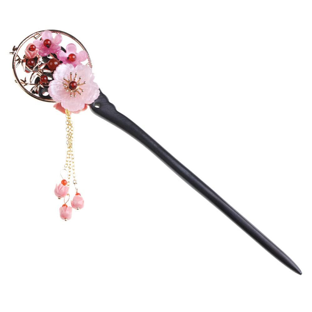 LIBERGA Wooden Hair Stick with Gift Box,Handmade Carved Hair Chopsticks for Women Hair Accessories,Pink Flower Tassel Chain Chopsticks Hairpin for Buns