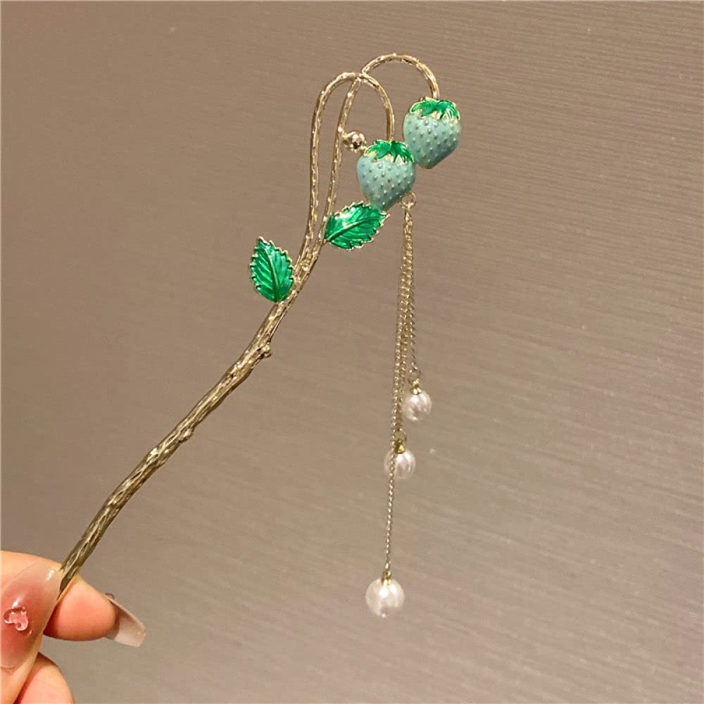 LIBERGA Chinese Hair Sticks for Buns,2 Pack,Strawberry Pearl Tassel Hair Chopsticks Clips Cute Hair Accessory Hairpin for Girl,Green