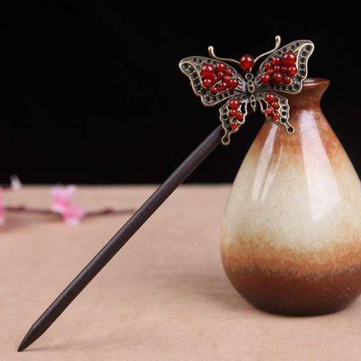 LIBERGA Wooden Hair Stick Red Beaded Butterfly Hair Chopsticks for Women Hair Accessories,Faux Crystal Beads Chopsticks Hairpin for Long Hair